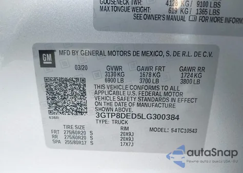 2020 GMC Sierra 1500 2Wd Short Box Slt from USA, damaged, VIN 3GTP8DED5LG300384